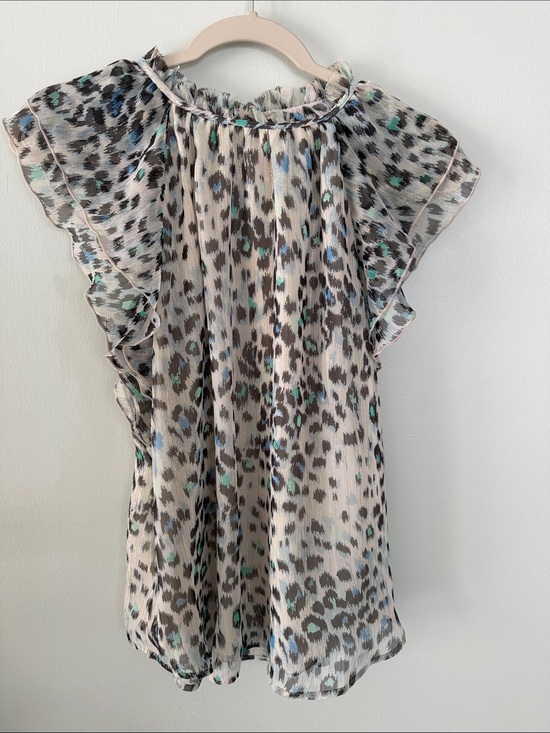 LOFT Tops - LOFT Cream Animal Print Ruffle Sleeve Blouse with Teal & Black Accents